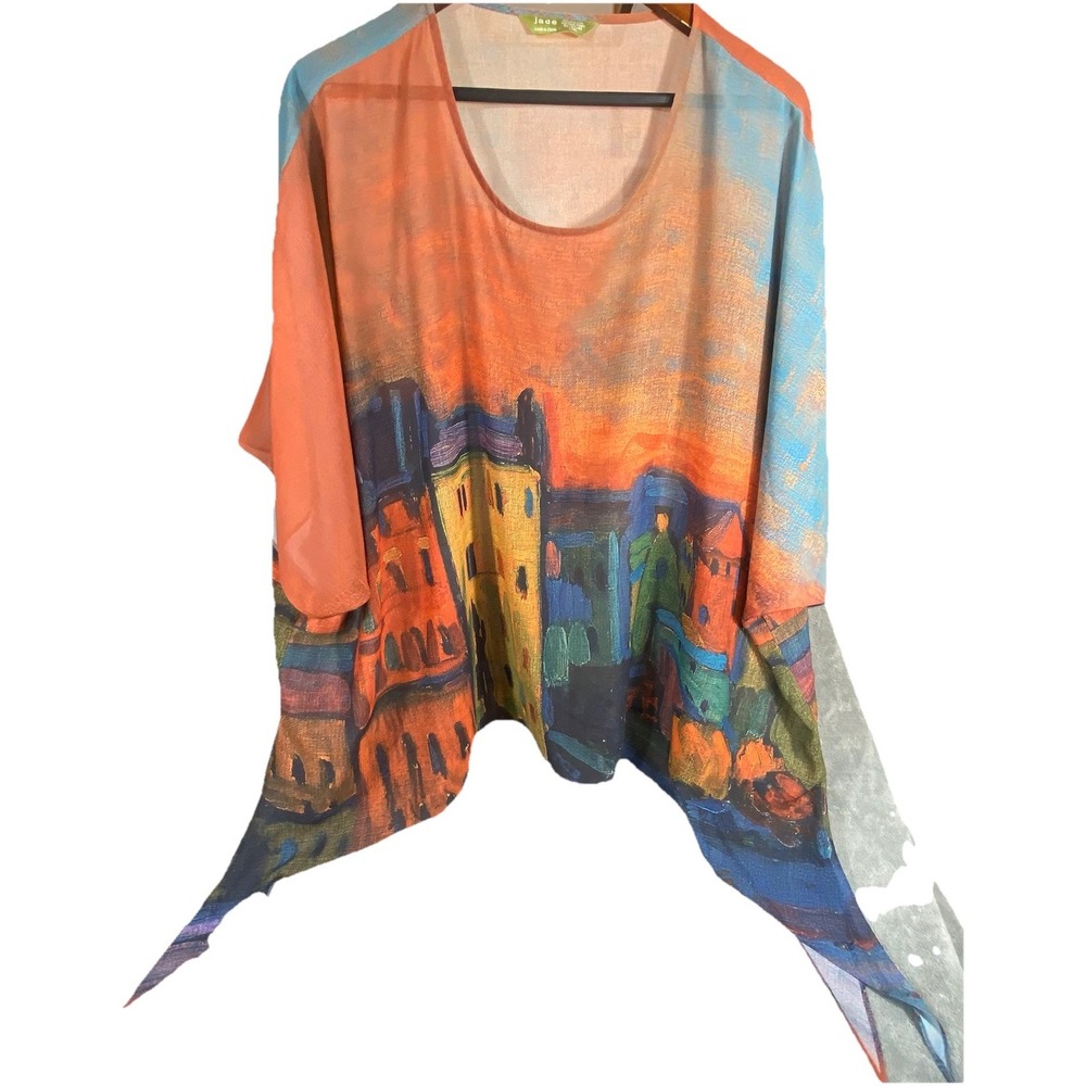 Jade Asymmetric Butterfly Top Size L/XL Short Sleeve Casual Boho Colorful Print - Picture 2 of 7